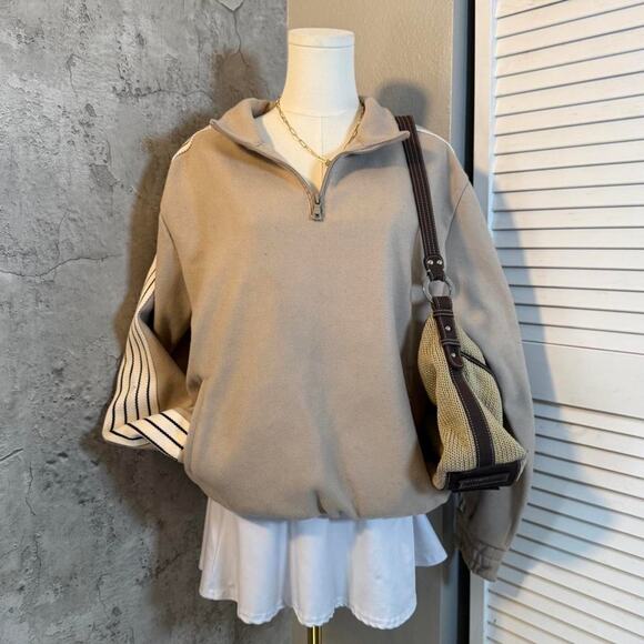 Tan & Cream Pinstripe Quarter Zip Crewneck - Picture 1 of 6